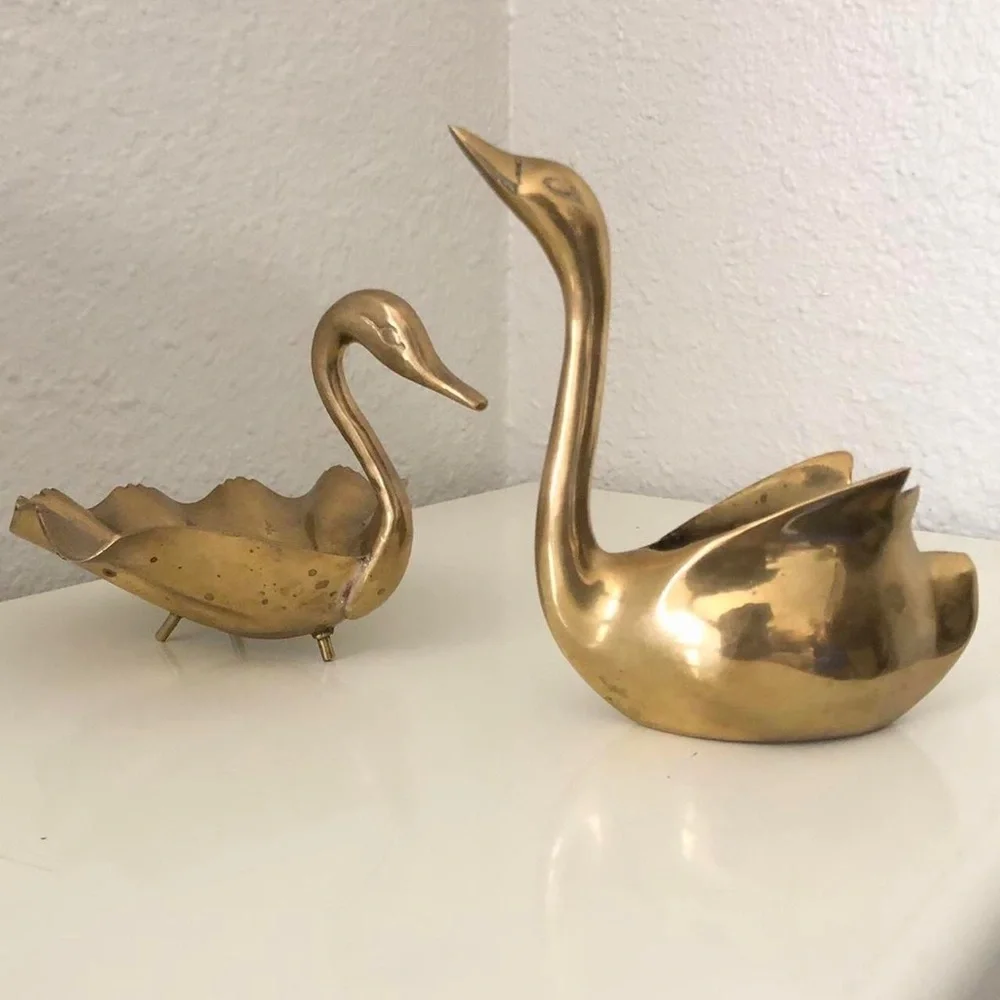 Vintage Brass Swan Planters Trinket Dish Shell Set Cottagecore Hollywood Regency